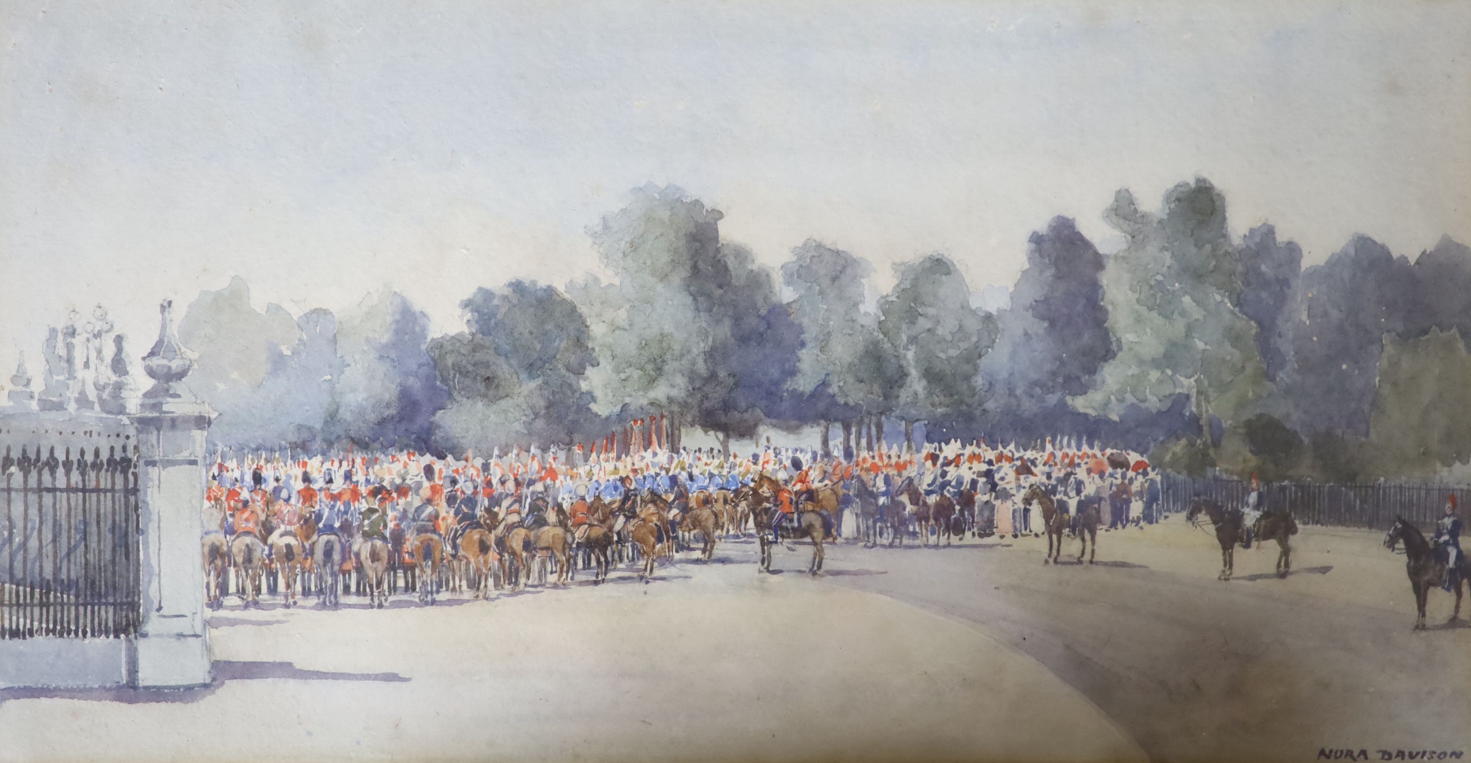 Nora Davison (Exh.1881-1900), watercolour, Troops outside Buckingham Palace, Queen Victoria's Jubiliee, signed, 18 x 35cm